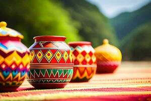 colorida cerâmico panelas em uma mesa. gerado por IA foto