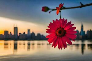 uma flor é dentro frente do uma cidade Horizonte às pôr do sol. gerado por IA foto