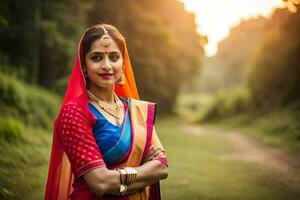 uma mulher dentro tradicional sari poses para uma retrato. gerado por IA foto