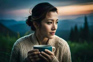 uma mulher segurando uma copo do café dentro a montanhas. gerado por IA foto