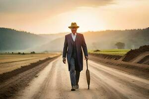 uma homem dentro uma terno e chapéu caminhando baixa uma sujeira estrada. gerado por IA foto