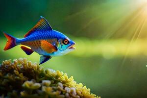 uma peixe é em pé em topo do uma verde plantar. gerado por IA foto