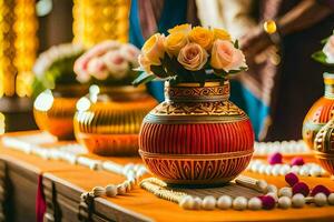 uma mesa com colorida vasos e flores em isto. gerado por IA foto