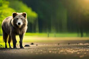 uma Lobo é caminhando em uma estrada dentro a madeiras. gerado por IA foto