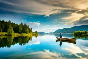 uma homem dentro uma canoa em uma calma lago. gerado por IA foto