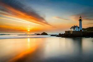 foto papel de parede a céu, nuvens, pôr do sol, farol, a mar, a praia, a oceano. gerado por IA