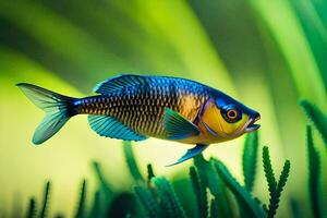 uma peixe com azul e amarelo listras é natação dentro a grama. gerado por IA foto