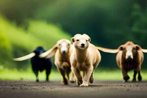 uma grupo do cachorros corrida baixa uma estrada. gerado por IA foto