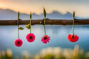 foto papel de parede a céu, flores, a montanhas, lago, flores, a montanhas, flores,. gerado por IA