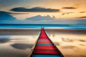 uma grandes exposição fotografia do uma de madeira passarela em a de praia. gerado por IA foto