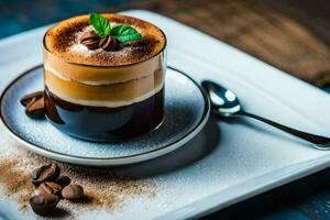 uma sobremesa com café e chocolate em uma placa. gerado por IA foto