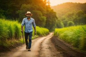 uma homem caminhando baixa uma sujeira estrada com uma bengala. gerado por IA foto