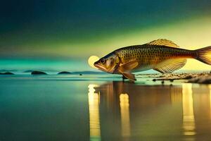 uma peixe é em pé em a de praia às pôr do sol. gerado por IA foto