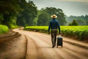 uma homem com uma chapéu e mala de viagem caminhando baixa uma sujeira estrada. gerado por IA foto