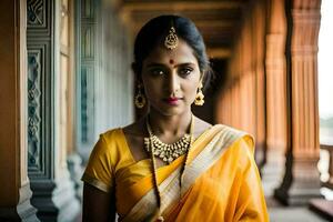uma lindo indiano mulher dentro uma amarelo sári. gerado por IA foto