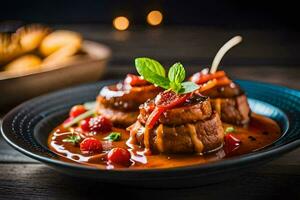 uma prato do Comida com carne e molho. gerado por IA foto