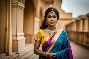 uma lindo indiano mulher dentro uma colorida sári. gerado por IA foto