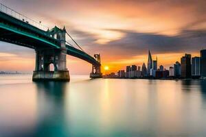 a Sol conjuntos sobre a cidade Horizonte e ponte. gerado por IA foto