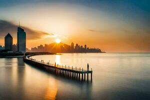 a Sol sobe sobre uma cidade Horizonte às pôr do sol. gerado por IA foto