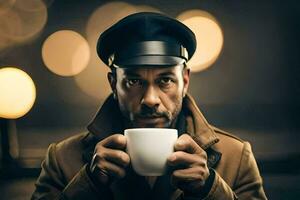 uma homem dentro uma chapéu segurando uma copo do café. gerado por IA foto