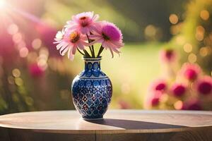 uma vaso com Rosa flores em uma mesa dentro frente do uma campo. gerado por IA foto