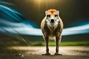 uma veado carrinhos em uma sujeira estrada com a Sol dentro a fundo. gerado por IA foto