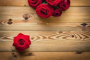 vermelho rosas em uma de madeira mesa. gerado por IA foto