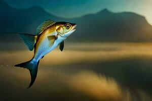 uma peixe vôo sobre a oceano com uma montanha dentro a fundo. gerado por IA foto