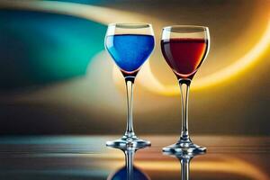 dois óculos do vinho com diferente cores. gerado por IA foto