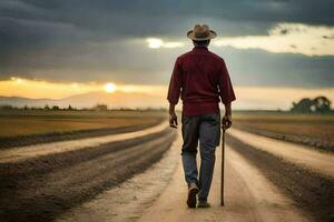 uma homem caminhando em uma sujeira estrada com uma bengala. gerado por IA foto