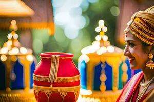 uma noiva dentro tradicional indiano traje. gerado por IA foto