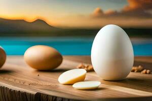 ovos e nozes em uma mesa com uma pôr do sol dentro a fundo. gerado por IA foto