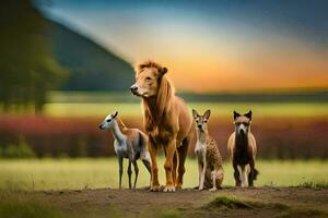 uma leão, uma Raposa, e dois cachorros em pé dentro uma campo. gerado por IA foto