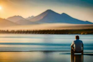 uma homem sentado em uma cadeira dentro frente do uma lago às pôr do sol. gerado por IA foto