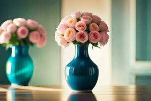 dois azul vasos com Rosa rosas sentado em uma mesa. gerado por IA foto
