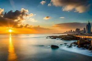 a Sol conjuntos sobre a oceano e cidade Horizonte. gerado por IA foto