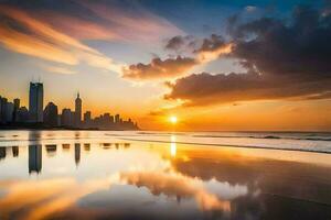 a cidade Horizonte é refletido dentro a água às pôr do sol. gerado por IA foto