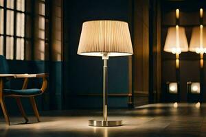 uma luminária é sentado em uma mesa dentro uma sala. gerado por IA foto