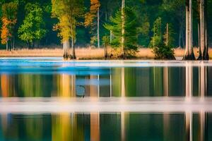 uma lago com árvores e água refletindo dentro a água. gerado por IA foto