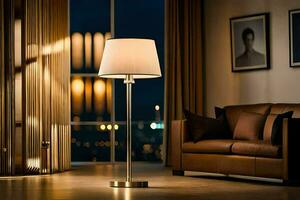 uma luminária é sentado em uma mesa dentro frente do uma sofá. gerado por IA foto