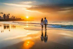 uma casal anda em ao longo a de praia às pôr do sol. gerado por IA foto
