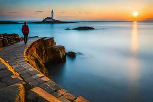 uma pessoa caminhando ao longo uma caminho dentro frente do uma farol às pôr do sol. gerado por IA foto