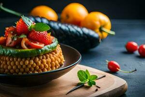 uma prato com uma sobremesa coberto com morangos e tomates. gerado por IA foto