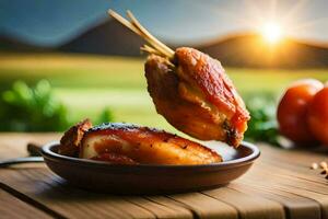 frango asas em uma de madeira prato com tomates. gerado por IA foto