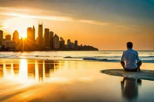 uma homem medita em a de praia às pôr do sol. gerado por IA foto