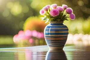 uma vaso com Rosa flores sentado em uma mesa. gerado por IA foto