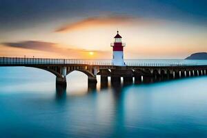 uma farol carrinhos em uma cais às pôr do sol. gerado por IA foto