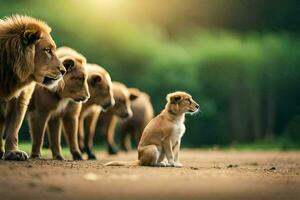 uma pequeno cachorro é em pé dentro frente do uma grupo do leões. gerado por IA foto