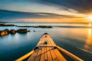 uma grandes exposição fotografia do uma barco em a oceano às pôr do sol. gerado por IA foto