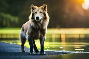 uma cachorro em pé em a costa do uma lago. gerado por IA foto